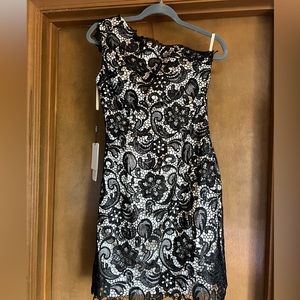 JJsHouse women bodycon dress. Lace asymmetric one shoulder strapless mini.